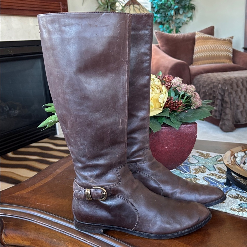 Via Spiga Brown Genuine Leather Knee High Tall Riding Boots Back Zipper Buckle